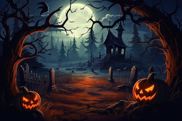 Tło Halloween z nawiedzonym domem, strasznymi drzewami i dyniami