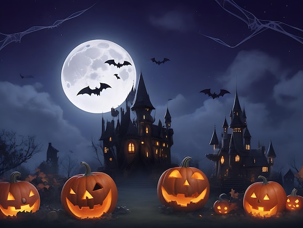 Tło Halloween z nawiedzonymi dyniami zamkowymi i nietoperzami