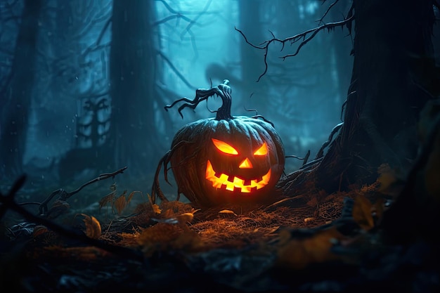 Tło Halloween z przerażającą dynią w ciemnym lesie w nocy