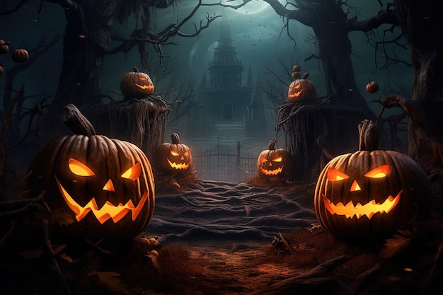 Tło Halloween z strasznymi dyniami w ciemnym lesie