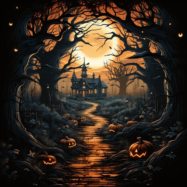 Tło Halloween z strasznymi dyniami w lesie w noc pełni księżyca z nawiedzonym domem zamkowym