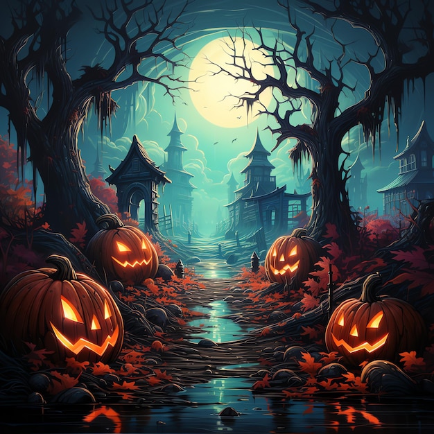 Tło Halloween z strasznymi dyniami w lesie w noc pełni księżyca z nawiedzonym domem zamkowym