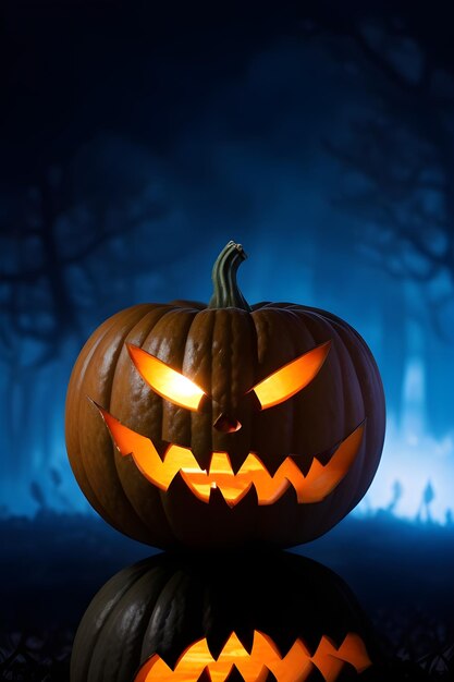 Tło Halloween z strasznymi świeczkami dyniowymi w ciemnym lesie w nocy