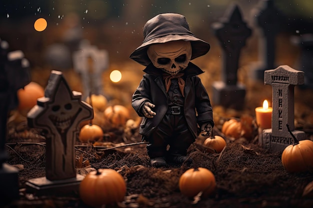 Tło Halloween ze strasznym uroczym modelem na strasznym wiejskim cmentarzu i nagrobku
