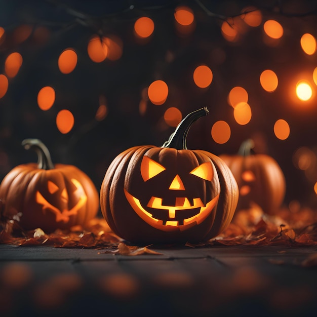 Zdjęcie tło halloween ze strasznymi świeczkami z dyni i nietoperzami w ciemnym lesie wygenerowano ai