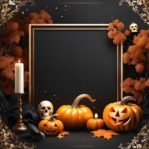 Tło Halloween ze świeczkami czaszki dyni i czarnymi liśćmi