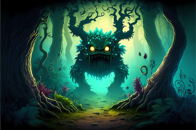 Tło ilustracja mistycznego lasu potwora, krajobraz w stylu kreskówek, do tworzenia gier