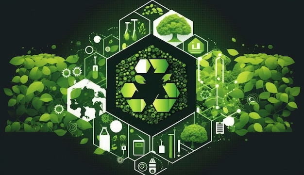 Tło ilustracji wektorowych zrównoważonego biznesu lub zielonego biznesu z połączonymi koncepcjami ikon związanymi z ochroną środowiska i zrównoważonym rozwojem w biznesie i sześciokąt Generuj Ai
