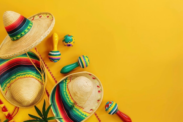 tło imprezy pokazuje meksykański motyw fiesta z maracas i sombrero kapelusze na żółtym banerze