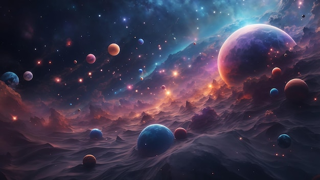 tło inspirowane kosmicznym pyłem z marzycielską i surrealistyczną atmosferą łączącą gwiazdy i planety
