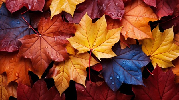 Zdjęcie tło jesiennych liści scena złożona z wilgotnych, intensywnie kolorowych jesiennych liści o poranku