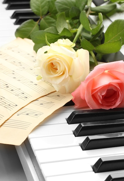 Tło klawiatury fortepianu z różami