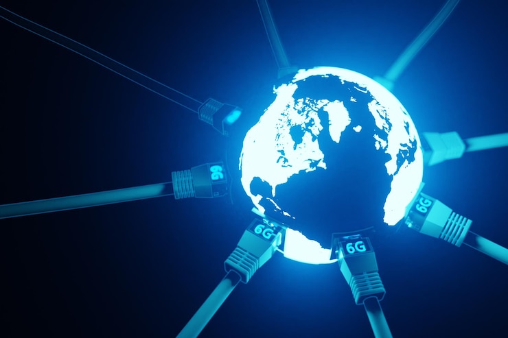 Zdjęcie tło koncepcji 6g z kablami internetowymi na renderowaniu 3d ziemi