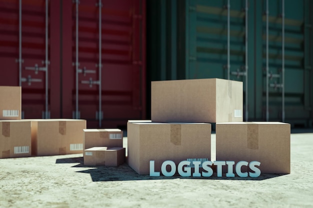 Tło koncepcji logistyki ładunków z skrzynkami kurierskimi i kontenerami importowo-eksportowymi 3d rendering
