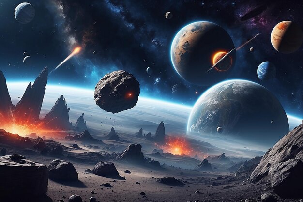 Zdjęcie tło kosmiczne z asteroidami, planetami i ufo