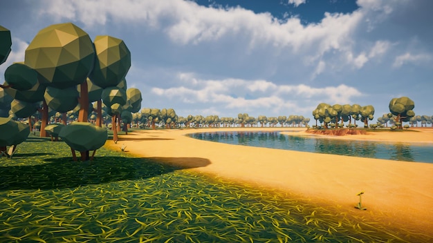 Tło krajobrazu lasu low poly bez renderowania 3d ludzi i zwierząt