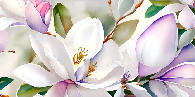 Tło kwiatów magnolii z liśćmi z bliska