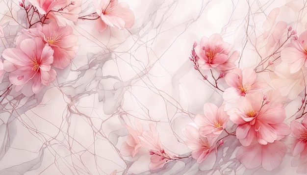 Tło kwiatów wiśni z teksturą marmuru i różowymi kwiatami sakury