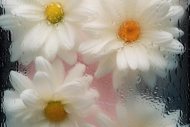Tło kwitnących kwiatów przed szkłem z kroplami wody Zdjęcie Stock
