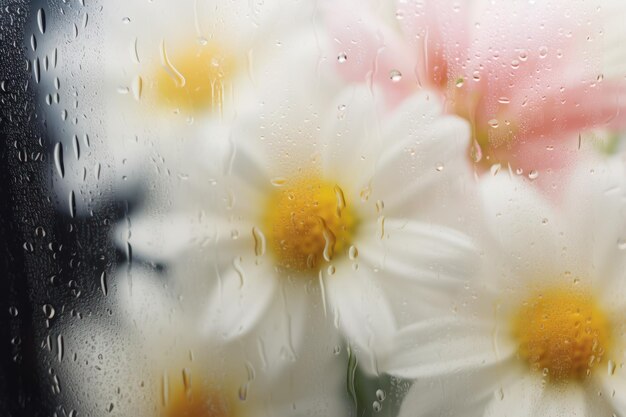 Tło kwitnących kwiatów przed szkłem z kroplami wody