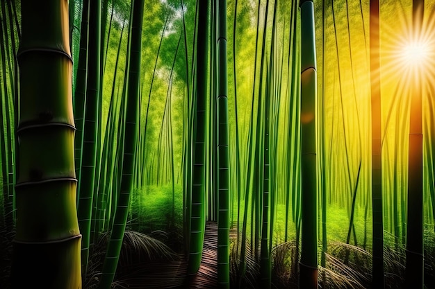 Tło lasu bambusowego w porannym słońcu z pajęczynami