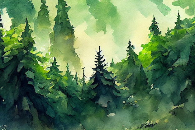 Tło lasu sosnowego w górach Akwarela Malarstwo Krajobraz Obraz Malarstwo sztuka Zielony i świeży kolor