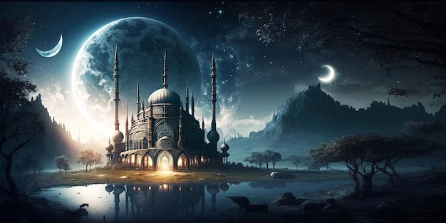 tło meczetu i księżyca oraz pusta przestrzeń do projektowania tekstu