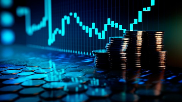 Tło monety 3D z niebieskim wykresem finansów i paskiem inwestycji pokazującym wzrost i sukces na rynku dzięki raportom technologicznym i walutowym Generacyjna sztuczna inteligencja