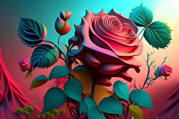 Tło może zawierać kwiat róży 3D, niektóre drzewa o unikalnym kolorze