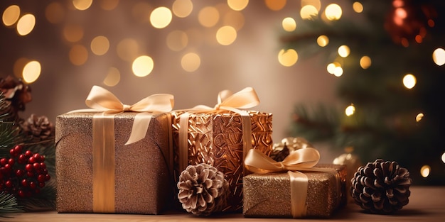 Tło na Boże Narodzenie i Nowy Rok z girlandami bokeh i pudełkami prezentów, stożkami sosny i gałęziami Generatywna sztuczna inteligencja