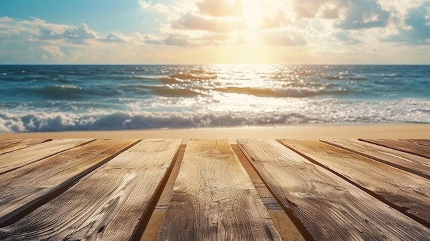 Tło na słonecznej plaży z drewnianym stołem i miejscem do kopiowania