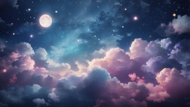 Tło Nocne niebo z gwiazdami i księżycem Piękne chmury Generatywne