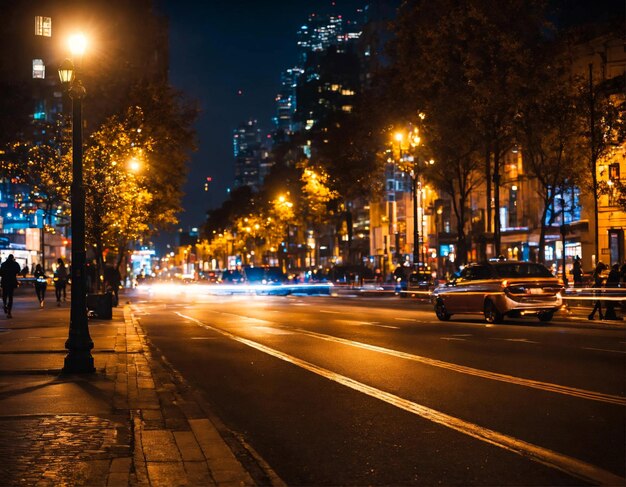 Tło nocnej ulicy z rozmytymi samochodami świetlnymi i lampami ulicznymi Abstrakcyjne tło bokeh rozmyte żółte światła w życiu miejskim Koncepcja tła krajobrazu miejskiego do projektowania Kopiuj przestrzeń tekstową