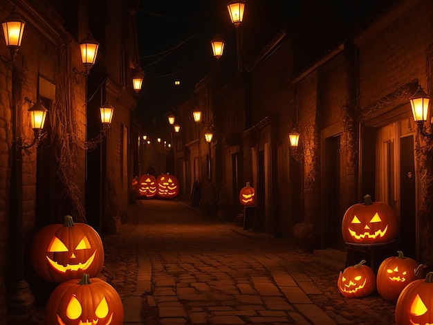 Tło nocy Halloween z dyniami generowane przez AI