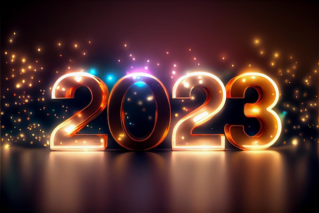 Tło nowego roku 2023 z fajerwerkami bokeh i tapetą z literami 2023