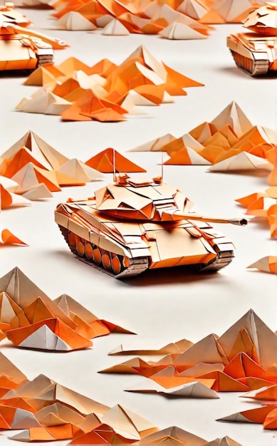 tło orygami piasku kolorowych czołgów wojennych wśród kolorowych wydm origami na białej powierzchni