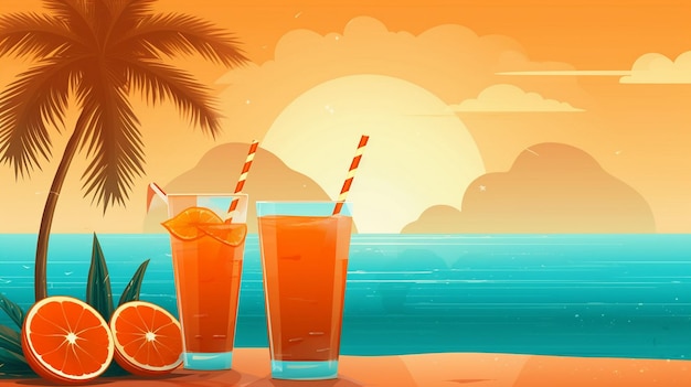 Tło plaży z palmą i zimnymi napojami napoje na ilustracji plaży Drink illustratio