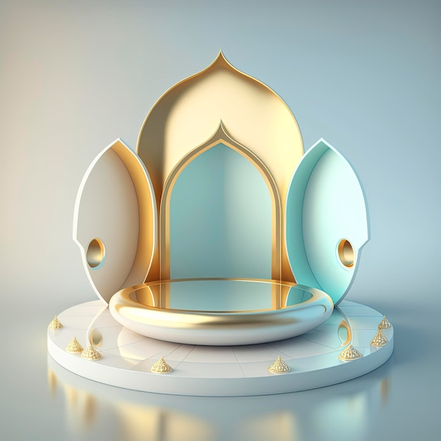 Tło podium islamskiego ramadanu futurystycznego i nowoczesnego realistycznego meczetu 3d ze sceną i sceną do wyświetlania produktów
