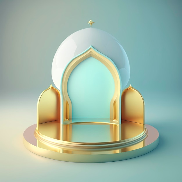 Tło podium islamskiego ramadanu futurystycznego i nowoczesnego realistycznego meczetu 3d ze sceną i sceną do wyświetlania produktów