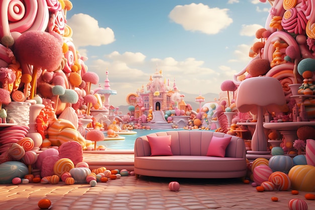 Tło pokoju Candyland Półki cukierków olbrzymie lizaki Dekoracja gumy dla strumienia twórcy treści