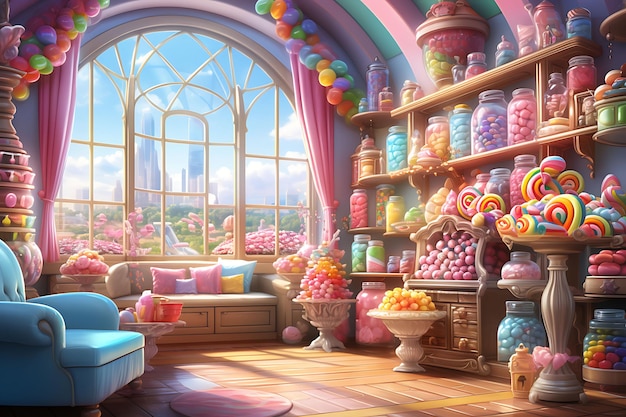 Tło pokoju sklepu ze słodyczami Słoiki ze słodyczami Dekoracje z trzciny cukrowej Słodzią je dla strumienia twórcy treści