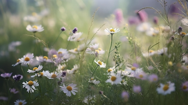 Tło polnych kwiatów rumianku i fioletowego dzikiego groszku ze światłem słonecznym Obraz generatywny AI