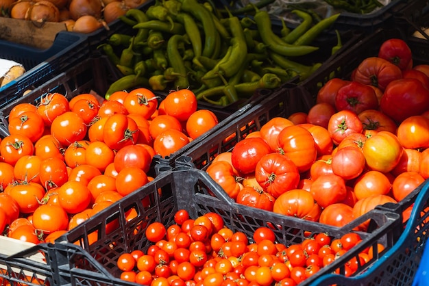 Tło pomidorowe Świeże pomidory Odmiana uprawiana w sklepie Pomidory na danie sałatkowe i zupę