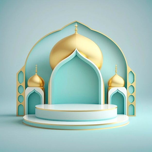Tło produktu z motywem islamskim w projekcie ilustracji renderowania 3d Rama portalu meczetu z podium lub sceną i pustą przestrzenią