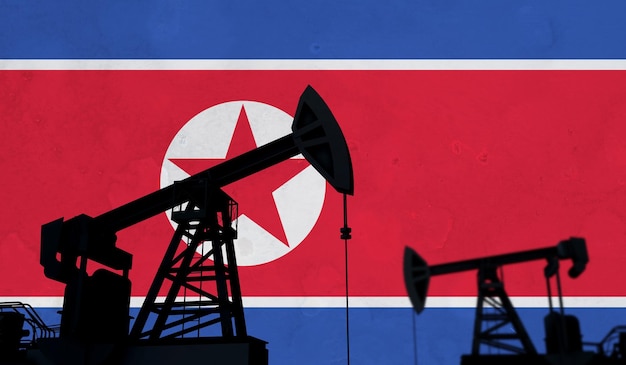 Tło przemysłu naftowego i gazowego sylwetka pompy olejowej na tle flagi Korei Północnej d rendering