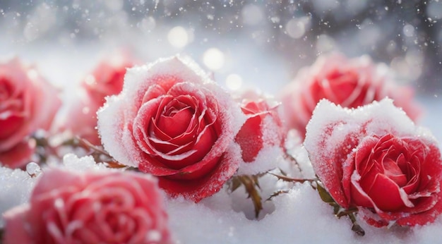 Tło przyrody czerwone róże w śnieguAI