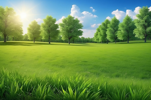 Tło przyrody Jasny krajobraz wiosenny letni z zieloną trawą i niebieskim niebem