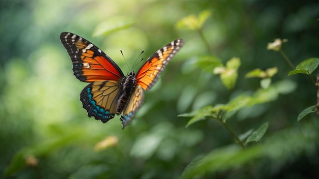 Tło przyrody z pięknym latającym motylem z zielonym lasem