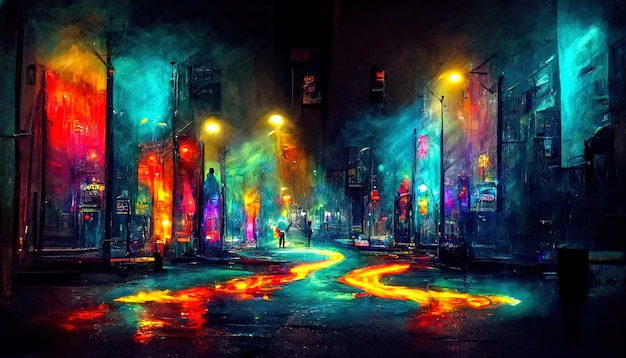Tło pusta ulica w nocy Mokry asfalt odbicie światła wielokolorowe neon Mgła dymu Generative Ai