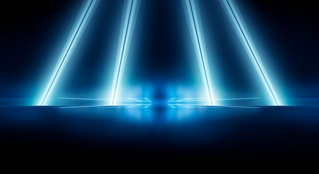 Tło pusty pokaz sceniczny. Pokaz światła neonowego i laserowego. Laserowe futurystyczne kształty na ciemnym tle. Niebieskie światło neonowe, symetryczne odbicie.